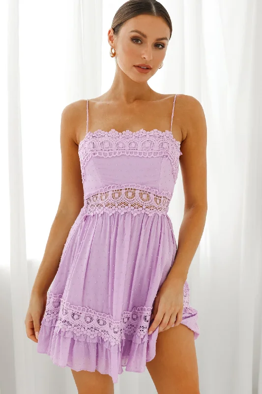 Pleated Women Dress with a Timeless and Elegant TextureDesert Nights Crochet Lace Trim Tied Back Sun Dress Lilac Pleated Women Dress with a Timeless and Elegant TextureDesert Nights Crochet Lace Trim Tied Back Sun Dress Lilac
