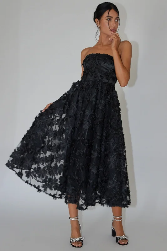 Off - the - Shoulder Women Dress for a Romantic and Feminine LookDori Floral Embellished Midi Dress Black Off - the - Shoulder Women Dress for a Romantic and Feminine LookDori Floral Embellished Midi Dress Black