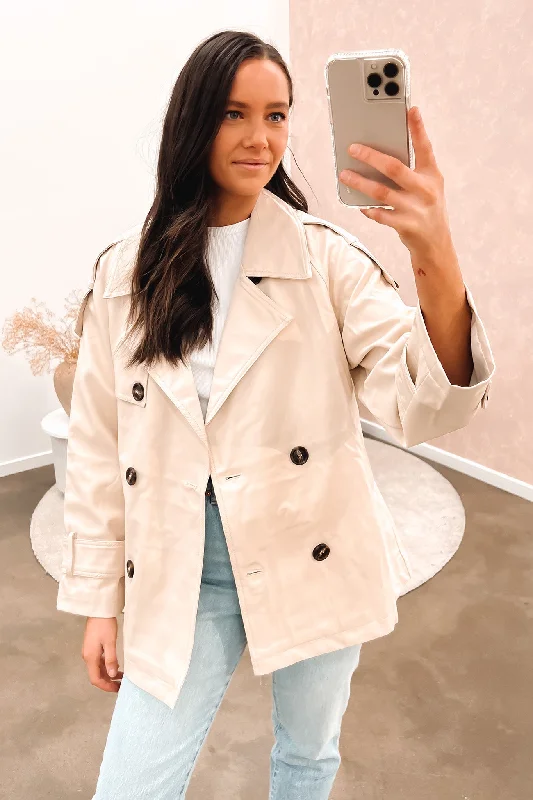 Women's cropped leather jackets with silver zippers for a punk - inspired outfitEdith Pleather Jacket Cream Women's cropped leather jackets with silver zippers for a punk - inspired outfitEdith Pleather Jacket Cream