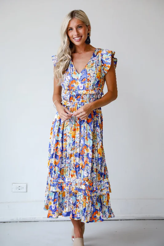 Empire Waist Women Dress to Accentuate the Bust and Conceal the WaistFINAL SALE - Ethereal Muse Royal Blue Satin Floral Midi Dress Empire Waist Women Dress to Accentuate the Bust and Conceal the WaistFINAL SALE - Ethereal Muse Royal Blue Satin Floral Midi Dress