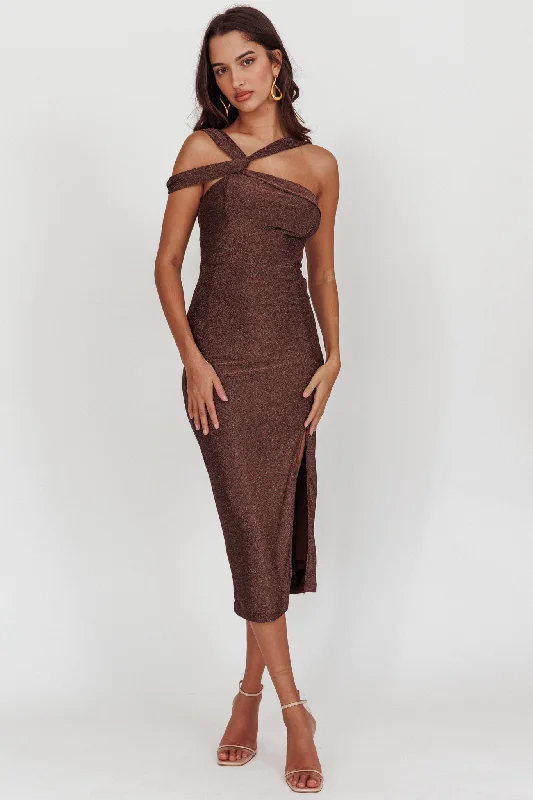 Plus Size Women Dress with a Flattering A - Line Cut for Comfort and StyleFirst Impressions One Shoulder Midi Dress Chocolate Plus Size Women Dress with a Flattering A - Line Cut for Comfort and StyleFirst Impressions One Shoulder Midi Dress Chocolate