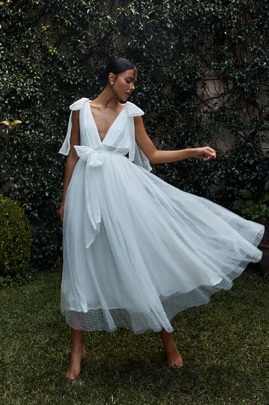 Shift Women Dress with a Simple and Classic Design for Everyday WearFirst Waltz Bow Shoulder Hail Spot Midi Dress Off White Shift Women Dress with a Simple and Classic Design for Everyday WearFirst Waltz Bow Shoulder Hail Spot Midi Dress Off White