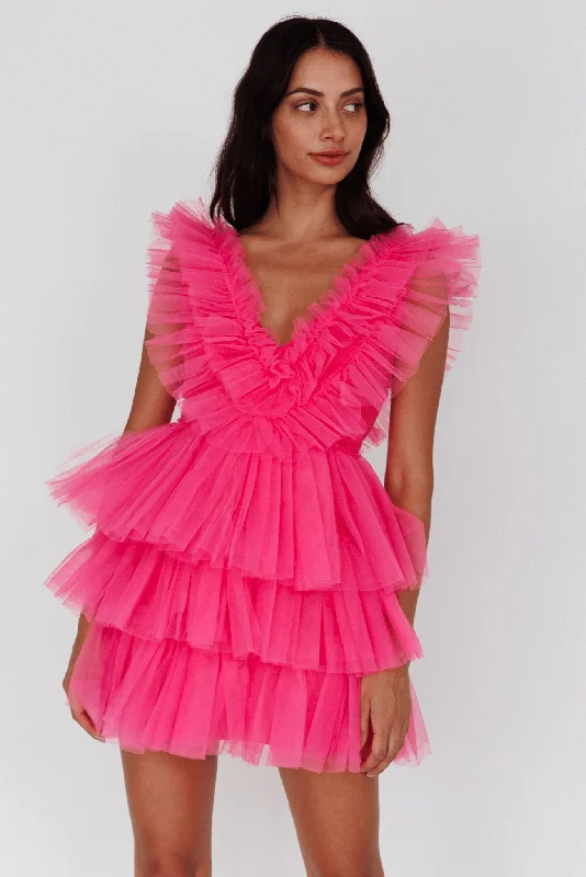 Halter Neck Women Dress to Show Off the Shoulders and NecklineFroufrou Layered Tulle Mini Dress Hot Pink Halter Neck Women Dress to Show Off the Shoulders and NecklineFroufrou Layered Tulle Mini Dress Hot Pink