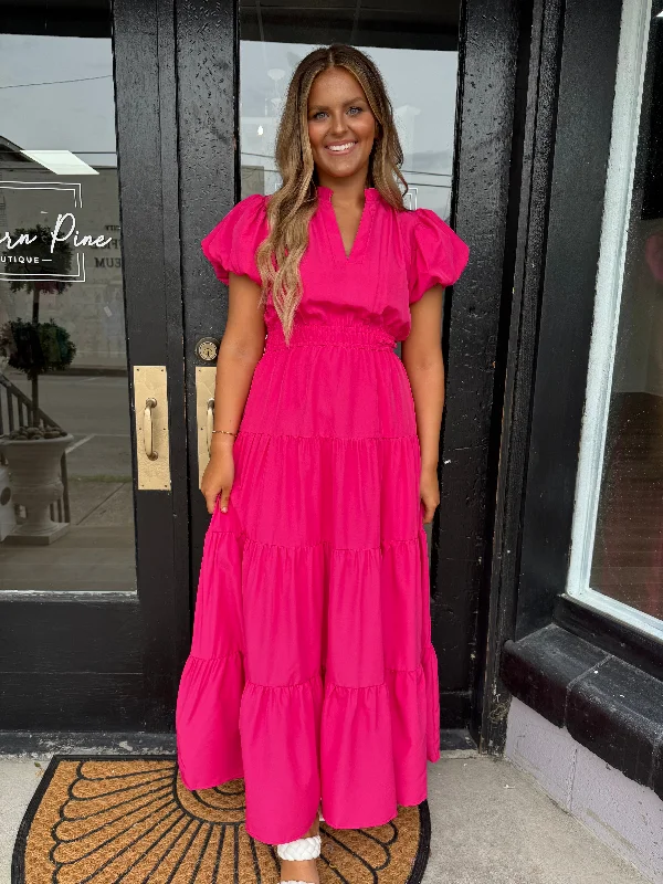 Sleeveless Women Dress in Bright Colors for Summer PartiesFuchsia puff sleeve maxi
