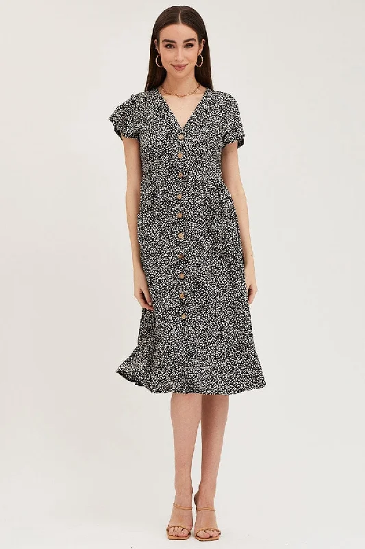 Lace - Embellished Women Dress for an Elegant and Sophisticated AppearanceGeo Print Pocket Front Button Midi Dress Lace - Embellished Women Dress for an Elegant and Sophisticated AppearanceGeo Print Pocket Front Button Midi Dress