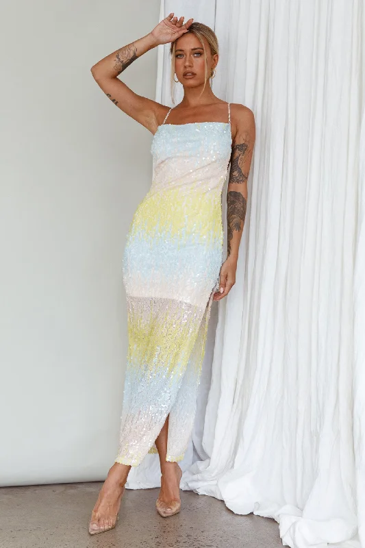 Gleaming Diamante Strap Midi Dress Sequin Lemon