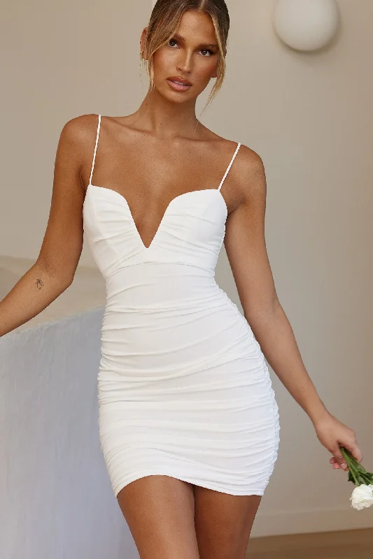 Sleeveless Women Dress in Bright Colors for Summer PartiesGood Vibes Cami Strap Deep V-Neckline Ruched Mini Dress White Sleeveless Women Dress in Bright Colors for Summer PartiesGood Vibes Cami Strap Deep V-Neckline Ruched Mini Dress White