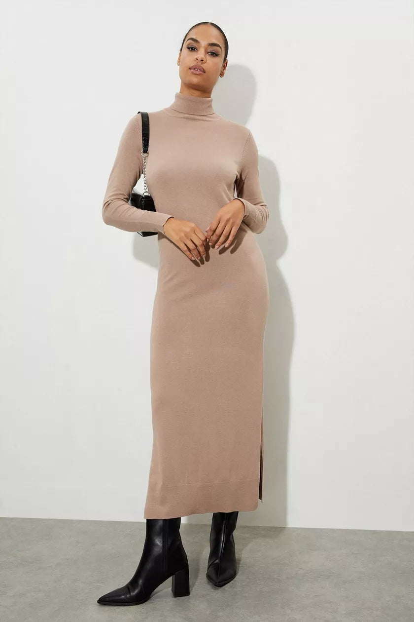 High Neck Slouchy Midi Dress Oatmeal