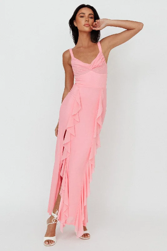 Pleated Women Dress with a Timeless and Elegant TextureHollianna Ruffle Trim Split Maxi Dress Blush Pleated Women Dress with a Timeless and Elegant TextureHollianna Ruffle Trim Split Maxi Dress Blush