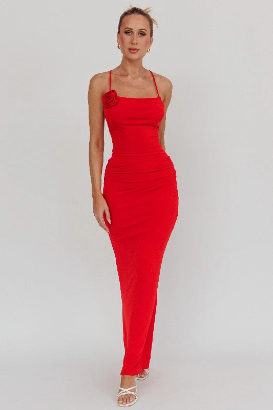 Mermaid - Style Women Dress with a Fitted Silhouette for Special OccasionsIgnite Rosette Backless Maxi Dress Cherry Mermaid - Style Women Dress with a Fitted Silhouette for Special OccasionsIgnite Rosette Backless Maxi Dress Cherry