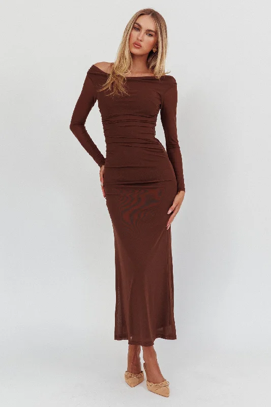 In Blooms Off Shoulder Mesh Maxi Dress Chocolate