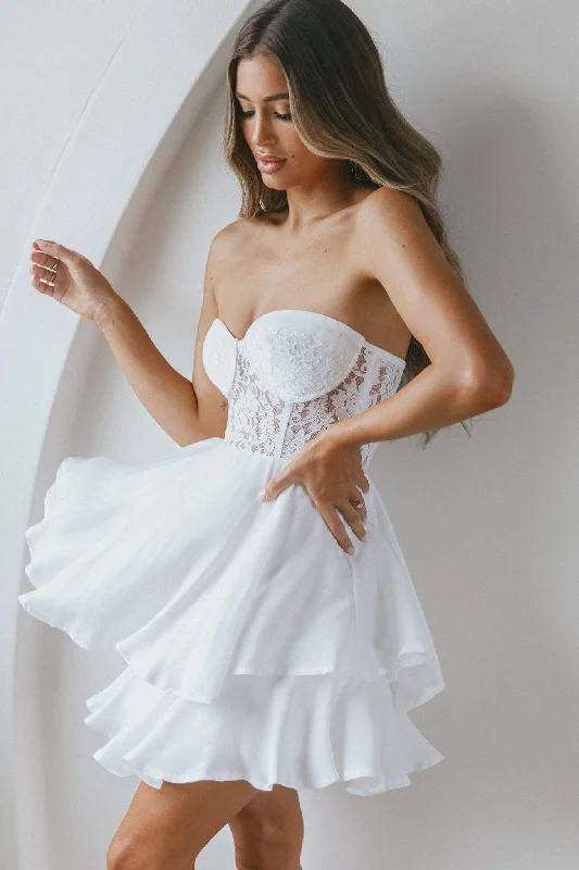 Shift Women Dress with a Simple and Classic Design for Everyday WearIn Your Arms Strapless Lace Bodice Layered Hem Mini Dress White Shift Women Dress with a Simple and Classic Design for Everyday WearIn Your Arms Strapless Lace Bodice Layered Hem Mini Dress White