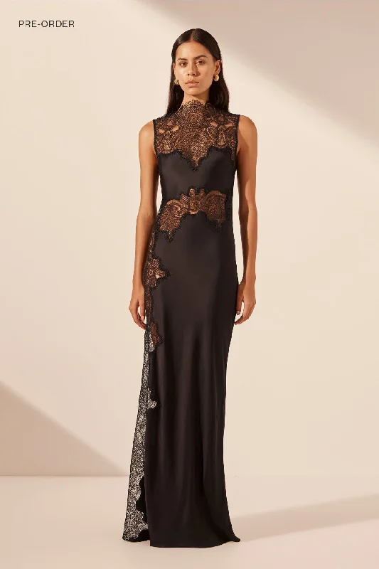 JAMILA LACE HIGH NECK MAXI DRESS - BLACK