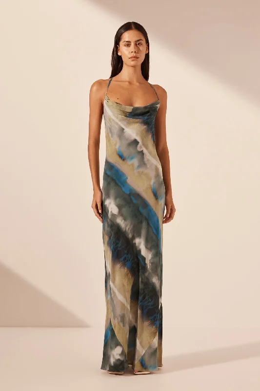 JARDIN SILK DOUBLE COWL BIAS MAXI DRESS