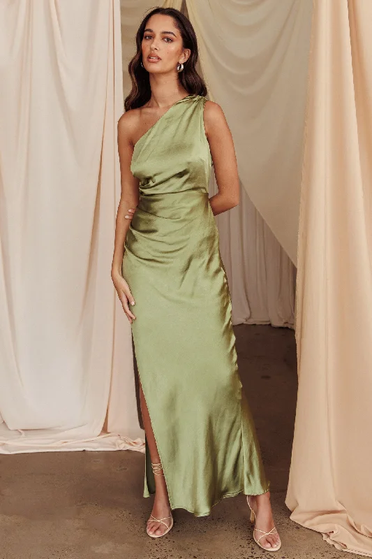 Mermaid - Style Women Dress with a Fitted Silhouette for Special OccasionsKamillia One-Shoulder Split Maxi Dress Olive Mermaid - Style Women Dress with a Fitted Silhouette for Special OccasionsKamillia One-Shoulder Split Maxi Dress Olive