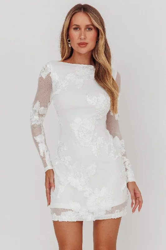 Karma Long Sleeve Scoop Back Dress Embellished White