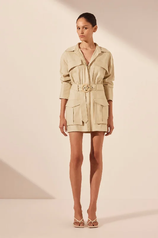 Pleated Women Dress with a Timeless and Elegant TextureKASBAH UTILITY MINI DRESS - OYSTER Pleated Women Dress with a Timeless and Elegant TextureKASBAH UTILITY MINI DRESS - OYSTER