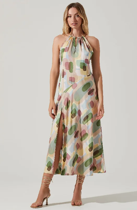Lace - Embellished Women Dress for an Elegant and Sophisticated AppearanceKazia Geo Print Halter Chain Strap Midi Dress Lace - Embellished Women Dress for an Elegant and Sophisticated AppearanceKazia Geo Print Halter Chain Strap Midi Dress