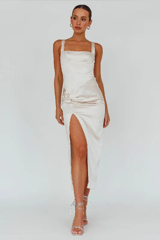 Empire Waist Women Dress to Accentuate the Bust and Conceal the WaistKristin Knotted Waist Split Midi Dress Champagne Empire Waist Women Dress to Accentuate the Bust and Conceal the WaistKristin Knotted Waist Split Midi Dress Champagne