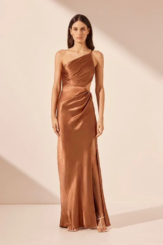 LA LUNE ASYMMETRICAL GATHERED MAXI DRESS - ALMOND