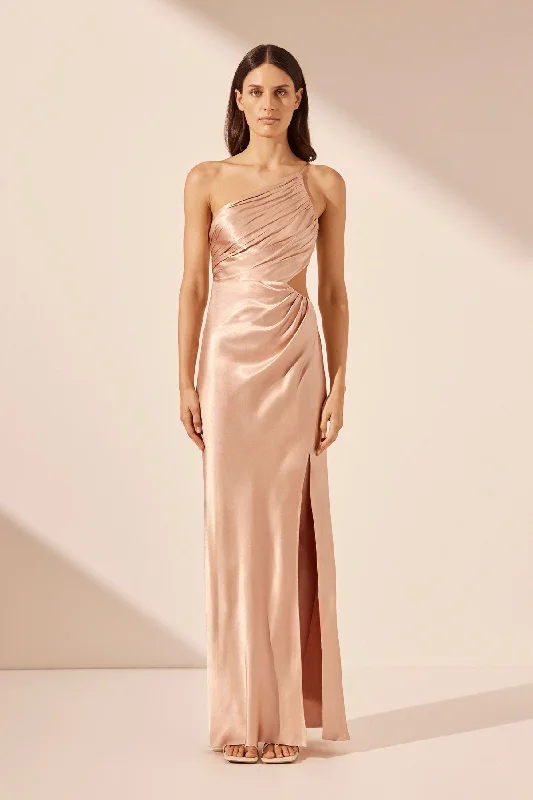 LA LUNE ASYMMETRICAL GATHERED MAXI DRESS - DESERT ROSE