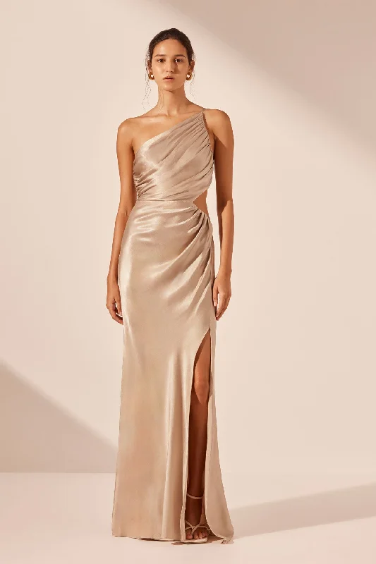 LA LUNE ASYMMETRICAL GATHERED MAXI DRESS - GOLD