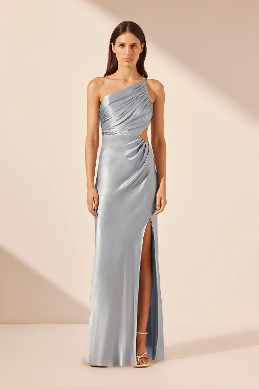 LA LUNE ASYMMETRICAL GATHERED MAXI DRESS - POWDER BLUE