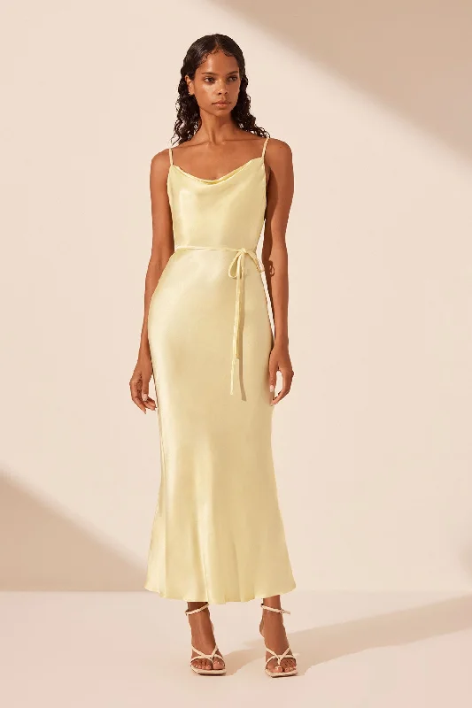 Off - the - Shoulder Women Dress for a Romantic and Feminine LookLA LUNE BIAS COWL MIDI DRESS - LEMON Off - the - Shoulder Women Dress for a Romantic and Feminine LookLA LUNE BIAS COWL MIDI DRESS - LEMON