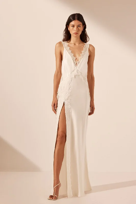 LA LUNE CUMULUS SILK LACE STRAP SPLIT MAXI DRESS - IVORY