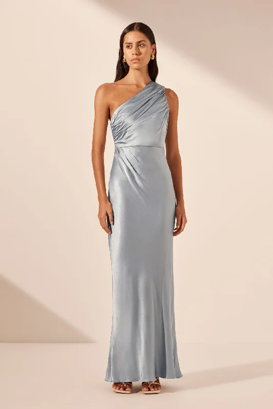 Printed Abstract Women Dress for a Modern and Artistic AppealLA LUNE GATHERED ONE SHOULDER MAXI DRESS - POWDER BLUE Printed Abstract Women Dress for a Modern and Artistic AppealLA LUNE GATHERED ONE SHOULDER MAXI DRESS - POWDER BLUE