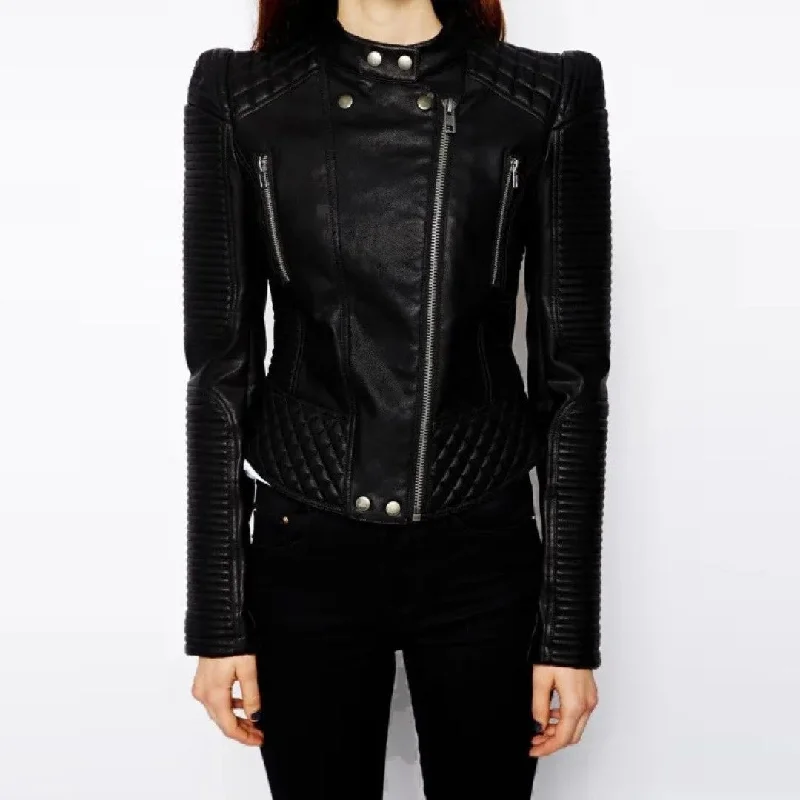 Ladies Band Collar Black Leather Biker Jacket