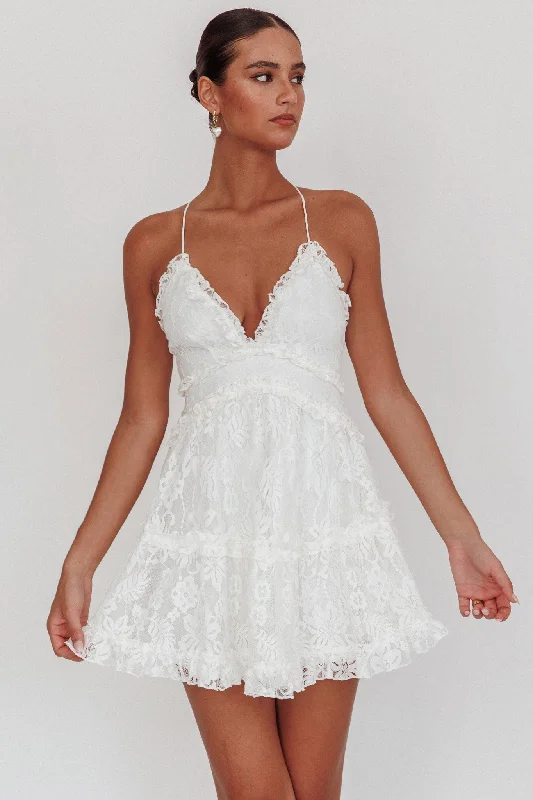 Ball Gown Women Dress with a Full Skirt for a Princess - like LookLaney Low Back Cami Strap Dress Lace White Ball Gown Women Dress with a Full Skirt for a Princess - like LookLaney Low Back Cami Strap Dress Lace White