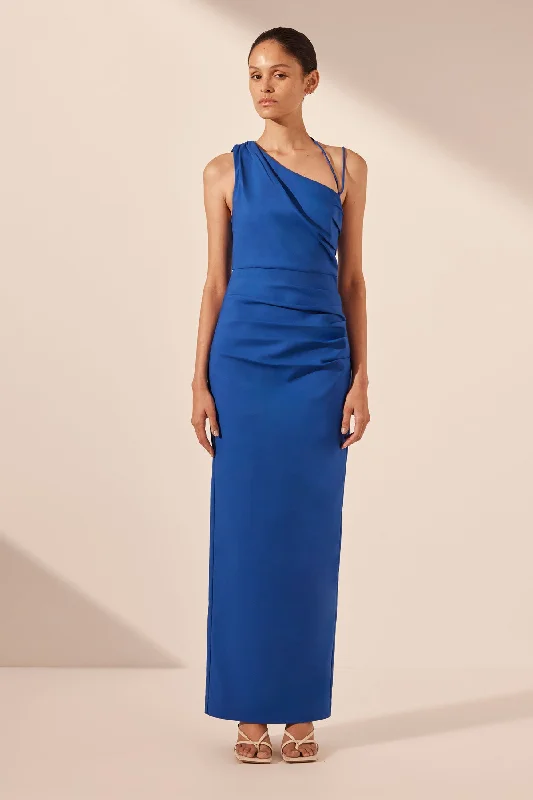 Off - the - Shoulder Women Dress for a Romantic and Feminine LookLANI ASYMMETRICAL GATHERED MAXI DRESS - AZURE Off - the - Shoulder Women Dress for a Romantic and Feminine LookLANI ASYMMETRICAL GATHERED MAXI DRESS - AZURE