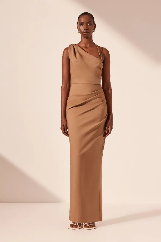 Ruffled Women Dress with Multiple Layers for a Playful and Girly StyleLANI ASYMMETRICAL GATHERED MAXI DRESS - CINNAMON Ruffled Women Dress with Multiple Layers for a Playful and Girly StyleLANI ASYMMETRICAL GATHERED MAXI DRESS - CINNAMON