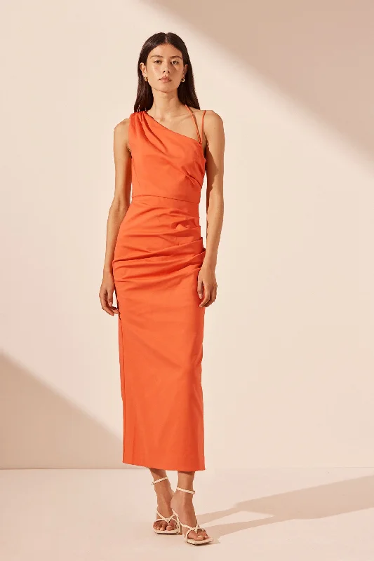 Sheath Women Dress with a Tailored Fit for a Professional LookLANI ASYMMETRICAL GATHERED MIDI DRESS - HIBISCUS Sheath Women Dress with a Tailored Fit for a Professional LookLANI ASYMMETRICAL GATHERED MIDI DRESS - HIBISCUS