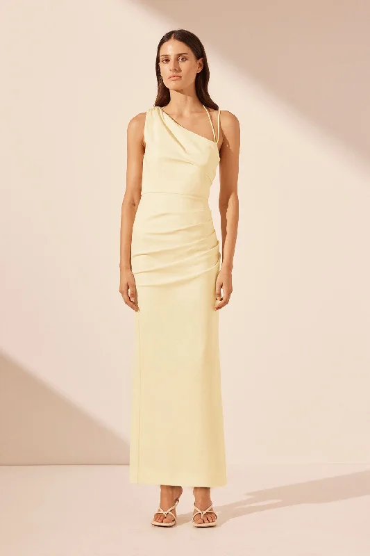 Backless Women Dress for a Sexy and Alluring Look at Evening EventsLANI ASYMMETRICAL GATHERED MIDI DRESS - VANILLA Backless Women Dress for a Sexy and Alluring Look at Evening EventsLANI ASYMMETRICAL GATHERED MIDI DRESS - VANILLA