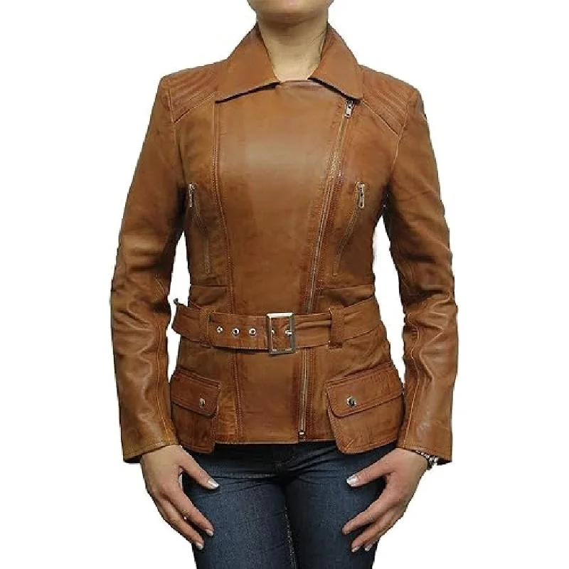 Women's bomber jackets with a holographic finish for a futuristic and eye - catching lookLeather Jacket Women With Stylish Side Zip Closer And Belted Waist Women's bomber jackets with a holographic finish for a futuristic and eye - catching lookLeather Jacket Women With Stylish Side Zip Closer And Belted Waist