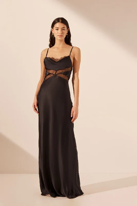 Mermaid - Style Women Dress with a Fitted Silhouette for Special OccasionsLETICIA SILK COWL NECK LACE MAXI DRESS - BLACK