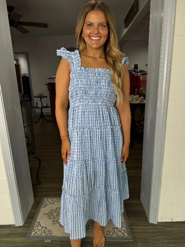 Wrap - Style Women Dress with Adjustable Fit for All Body Typeslight blue gingham smocked detail midi dress Wrap - Style Women Dress with Adjustable Fit for All Body Typeslight blue gingham smocked detail midi dress