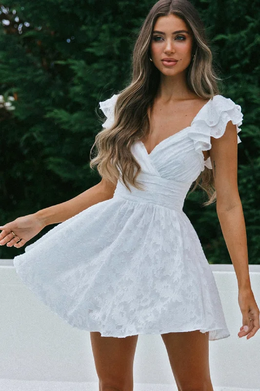 Sleeveless Women Dress in Bright Colors for Summer PartiesLola Ruffle Shoulder Ruched Dress Textured White Sleeveless Women Dress in Bright Colors for Summer PartiesLola Ruffle Shoulder Ruched Dress Textured White