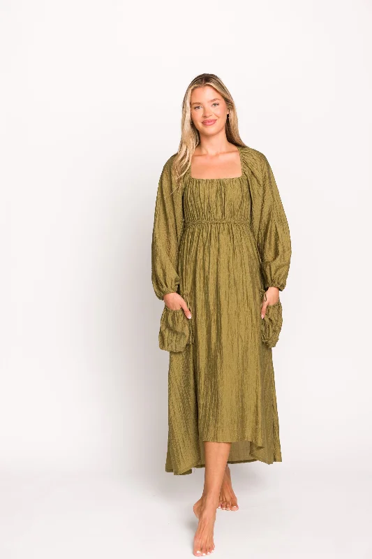 Ariana Long Sleeved Maxi Dress with Slouchy Pocket in Olive