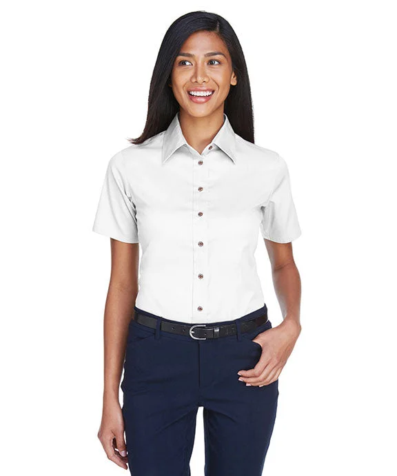 M500SW - Harriton Ladies Easy Blend™ Short-Sleeve Twill Shirt with Stain-Release | White