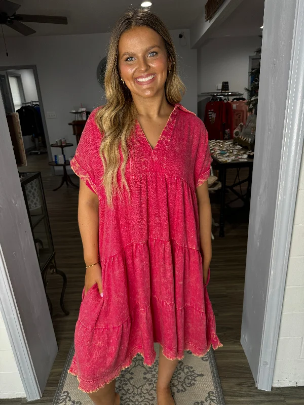 Magenta  mineral wash tiered dress