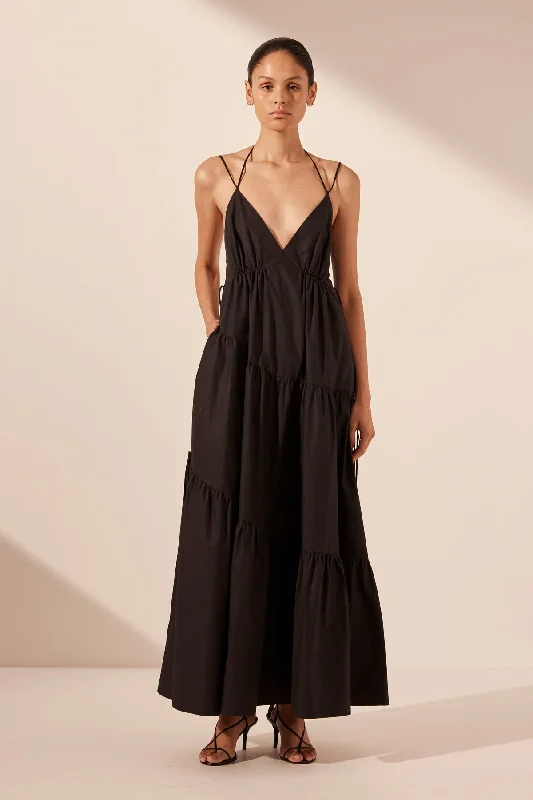 Ruffled Women Dress with Multiple Layers for a Playful and Girly StyleMAIORI TIERED MAXI DRESS - BLACK Ruffled Women Dress with Multiple Layers for a Playful and Girly StyleMAIORI TIERED MAXI DRESS - BLACK