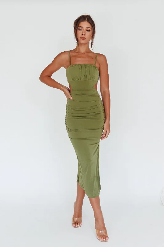 Mary Jane Gathered Bust Tie Back Midi Dress Olive