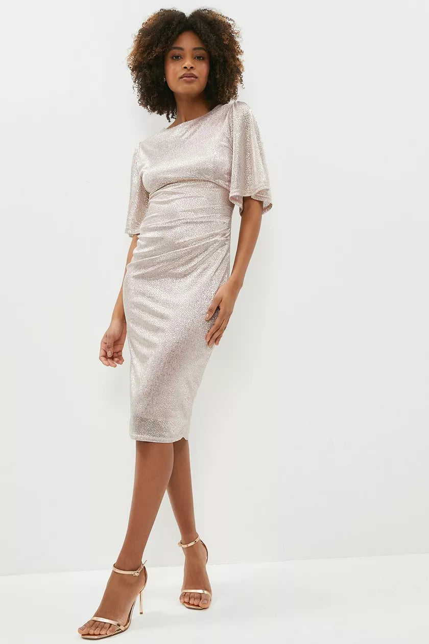 Off - the - Shoulder Women Dress for a Romantic and Feminine LookMettalic Angel Sleeve Ruched Waist Dress Gold Off - the - Shoulder Women Dress for a Romantic and Feminine LookMettalic Angel Sleeve Ruched Waist Dress Gold