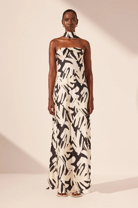 Printed Abstract Women Dress for a Modern and Artistic AppealMICAH SILK STRAPLESS BIAS MAXI DRESS Printed Abstract Women Dress for a Modern and Artistic AppealMICAH SILK STRAPLESS BIAS MAXI DRESS