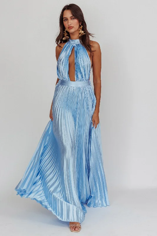 Ball Gown Women Dress with a Full Skirt for a Princess - like LookMonarch Pleated Satin Maxi Dress Light Blue Ball Gown Women Dress with a Full Skirt for a Princess - like LookMonarch Pleated Satin Maxi Dress Light Blue