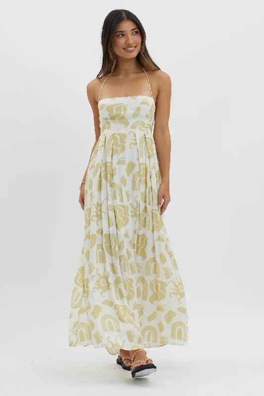 Printed Abstract Women Dress for a Modern and Artistic AppealMoreton Halterneck Tied Back Dress Yellow Printed Abstract Women Dress for a Modern and Artistic AppealMoreton Halterneck Tied Back Dress Yellow