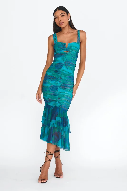 Halter Neck Women Dress to Show Off the Shoulders and NecklineNadia Ruched Fishtail Midi Dress Abstract Green Halter Neck Women Dress to Show Off the Shoulders and NecklineNadia Ruched Fishtail Midi Dress Abstract Green